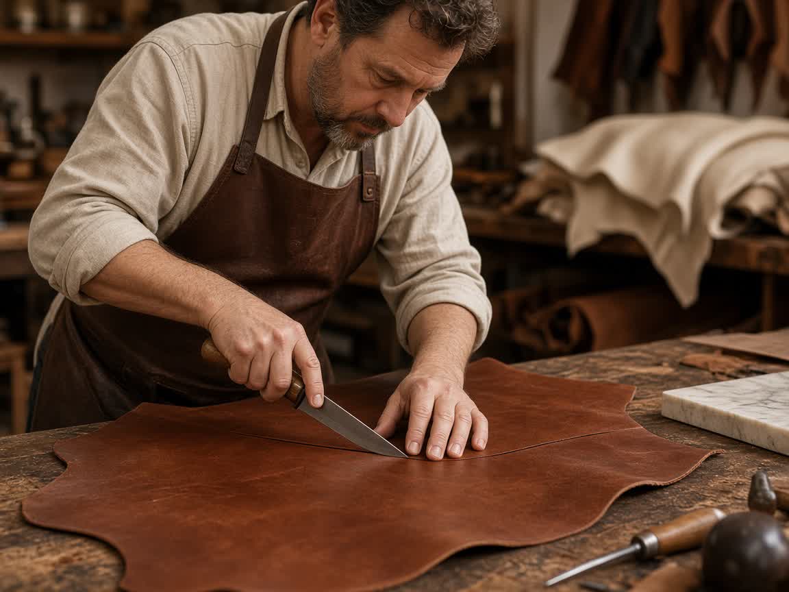 Leather cutting and construction in the workshop